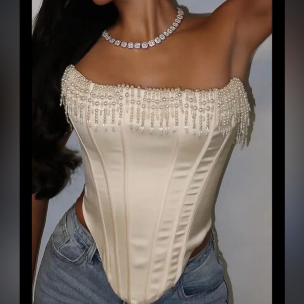 HOUSE OF CB 'Aubrie' Vintage Cream Embellished Satin Corset With Sleeve Size L - Picture 12 of 16